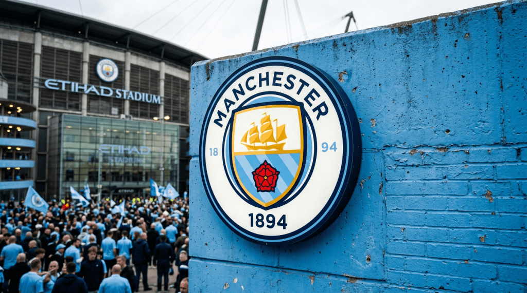 Manchester City crest on blue wall with crowd outside Etihad Stadium