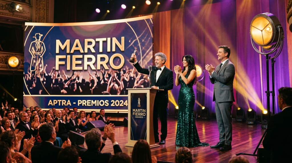 Man holding Martin Fierro award statue on stage with two people applauding