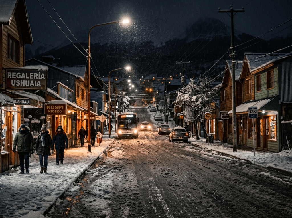 Snowy Ushuaia street with bus, pedestrians, shops, and signs reading Regalería Ushuaia, Kospi Kiosco, and Taxi