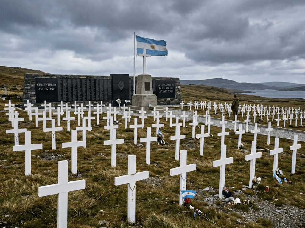 Argentine war cemetery with white crosses, memorial, and flags